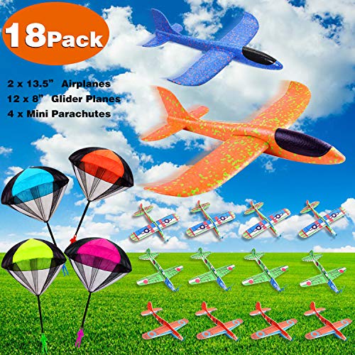 18 Pack Airplane Parachute for Kids, 2Pcs 13.5” Throwing Aircraft Kits+12Pcs 8” Glider Planes+4Pcs Tangle Free Parachute Toy, Outdoor Model Foam Airplane Jet Flying Toys for Boys Girls Toddlers Teens