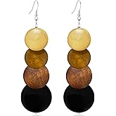 JOONL Handmade Bohemian Wooden Round Geometry Dangle Drop Earrings Long Chain Wood Disc Circle Hook Earrings For Women