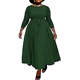 Runwind Casual Plus Size Long Maxi Dress for Curvy Women Crew Neck 3/4 Sleeve Wedding Guest Dresses with Belt & Pockets