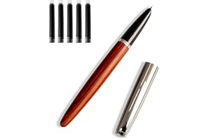 lucilynx Wooden Fountain Pen with Bent Nib, Lightweight Classic-Designed Fude Pen for Calligraphy, Art Drawing and Smooth Writing, Includes 5 Black Ink Cartridges, Ink Refill Converter, Gift Box