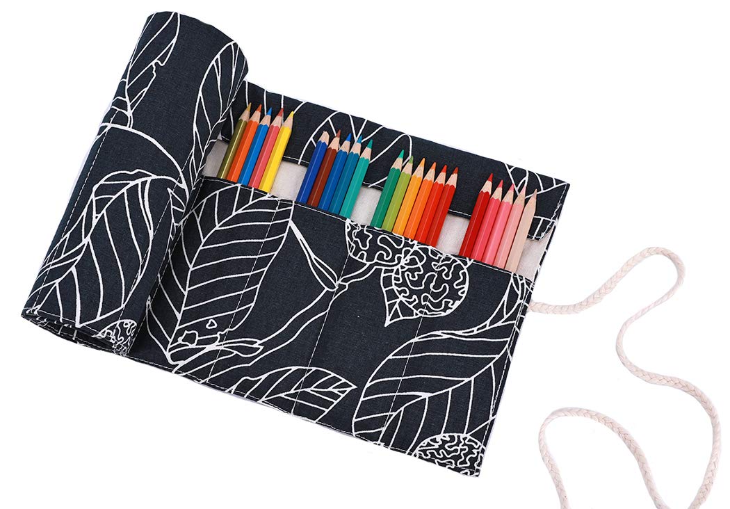 Amoyie Roll Up Pencil Case for 36 Coloured Pencils, Foldable Colouring Pen Organiser Bag, Canvas Coloring Pens Holder, Artist Wrap, Black Leaf