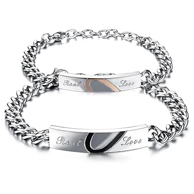 Kim Johanson Edelstahl Pärchen Armbänder 'Real Love' für verliebte Roségold & Schwarz Herz inkl. Schmuckbeutel