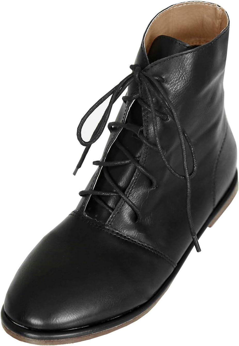 Womens Lace Up Ankle Boots Low Heel Faux Leather Flat Booties Shoes
