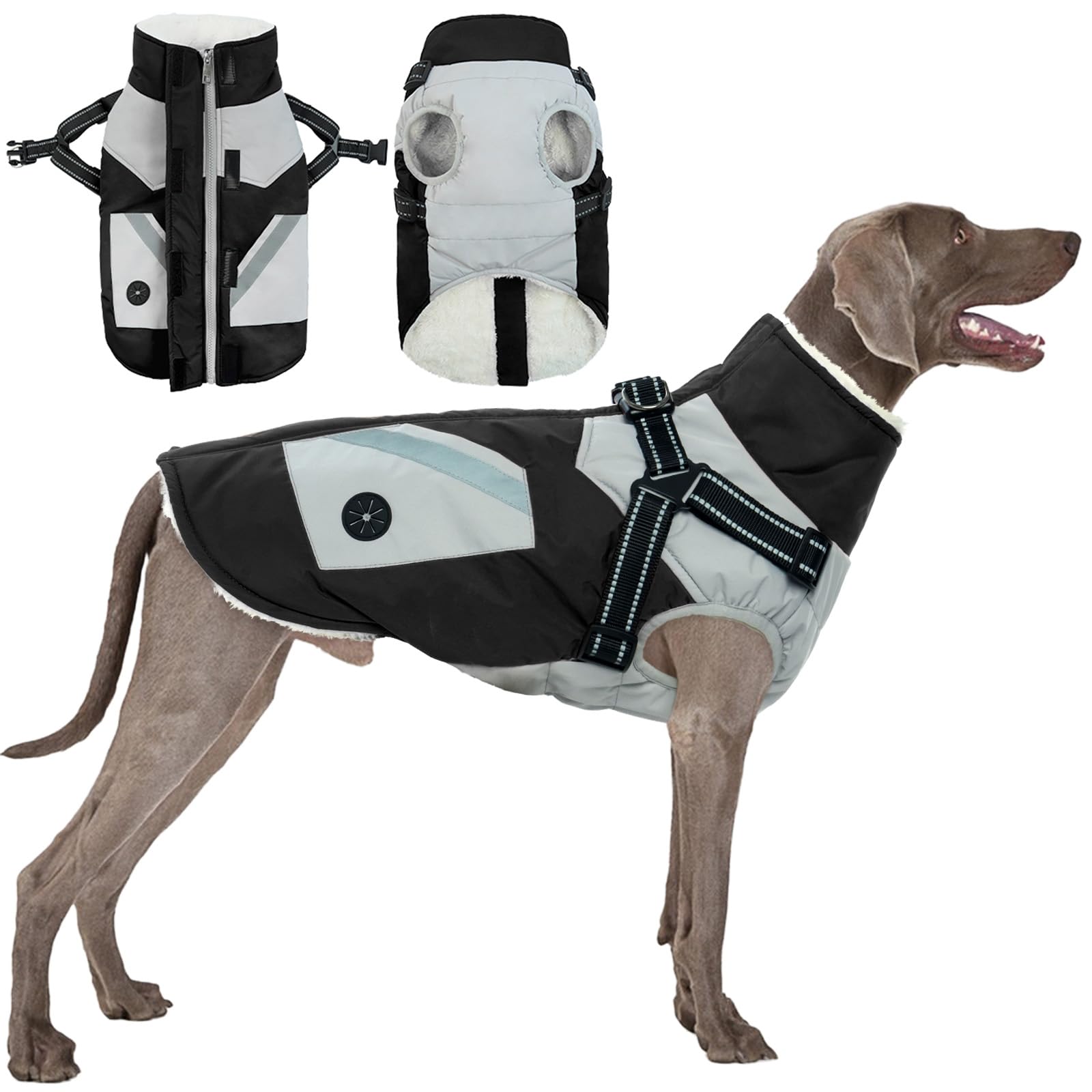 Dog Coat with built in Harness, Puffer Jacket Waterproof Warm Jacket for Fall & Winter Large Dog Reflective Coat Padded Fashion Sports(Black, XL)