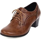 Women's Closed Toe Chunky Block Heel Oxfords Wingtip Lace Up Mid Heel Pumps Vintage Brogue Dress Shoes