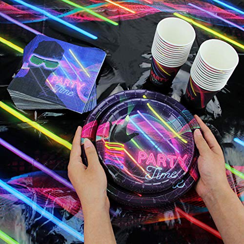 102 Piece Glow In The Dark Theme Party Supplies Set Including Banner, Plates, Cups, Napkins, and Tablecloth, Serves 25, (Does NOT actually glow in the dark)