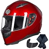 ILM Full Face Motorcycle Street Bike Helmet with Removable Winter Neck Scarf + 2 Visors DOT (L, Red)