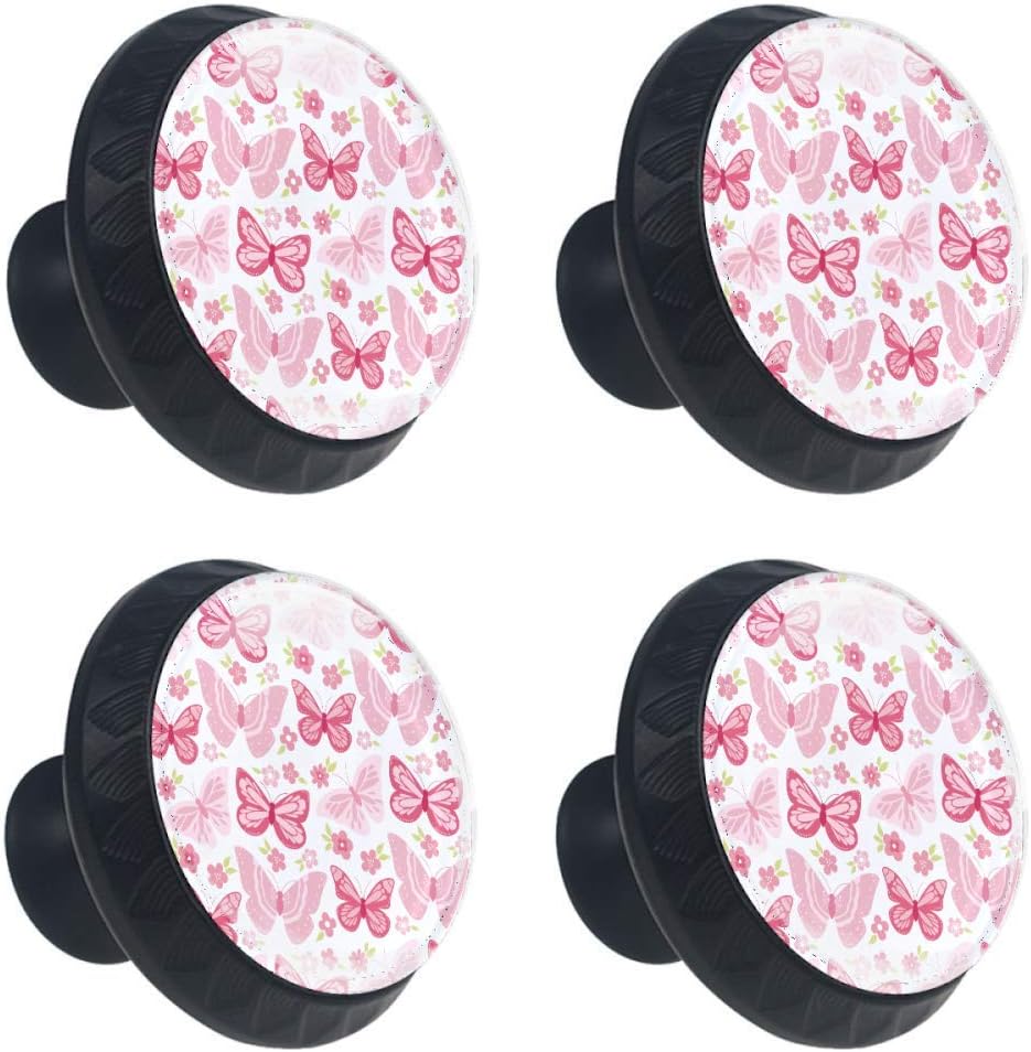 Drawer Knobs Pink Flying Butterflies Floral Pattern Drawer