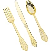 HOMIP 160PCS Gold Plastic Silverware Set Disposable Utensils -Include 80 Forks,40 Knives,40 Spoons -Heavyduty Cutlery Set for Vintage Wedding Party and Daily Use