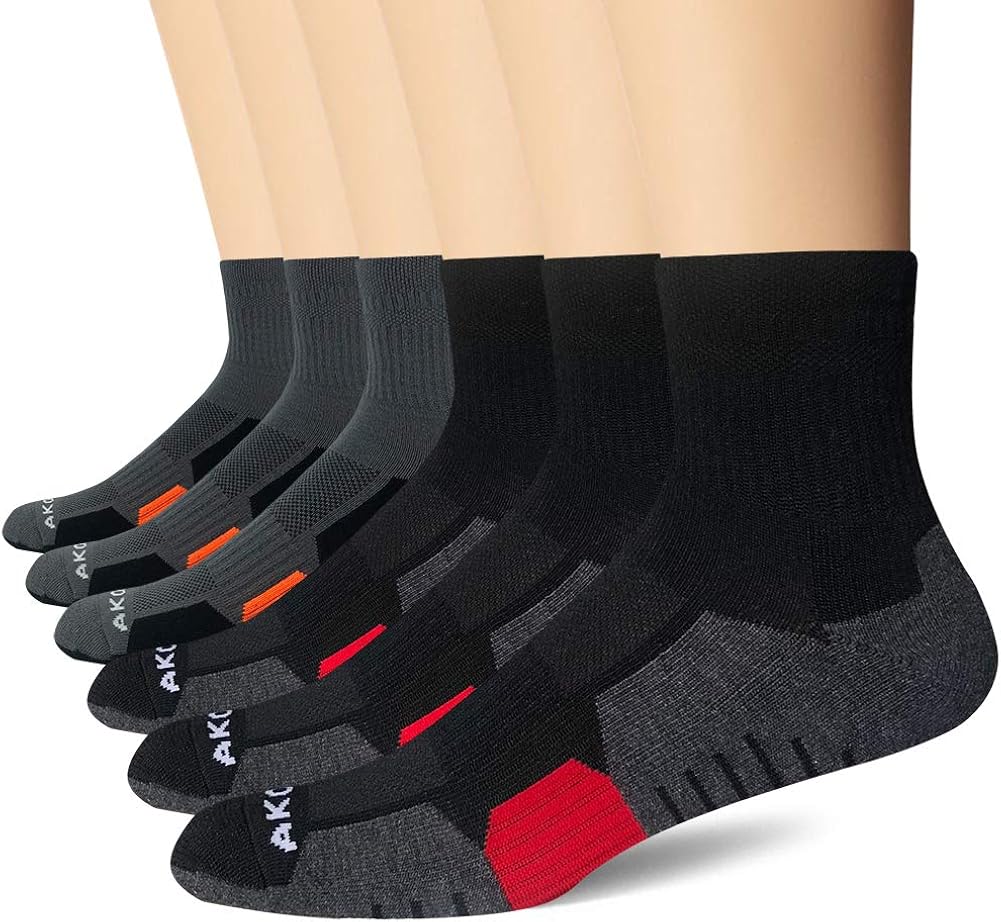 AKOENY Men's Performance Athletic Quarter Socks for Running, Training & Hiking (6 Pack): Clothing