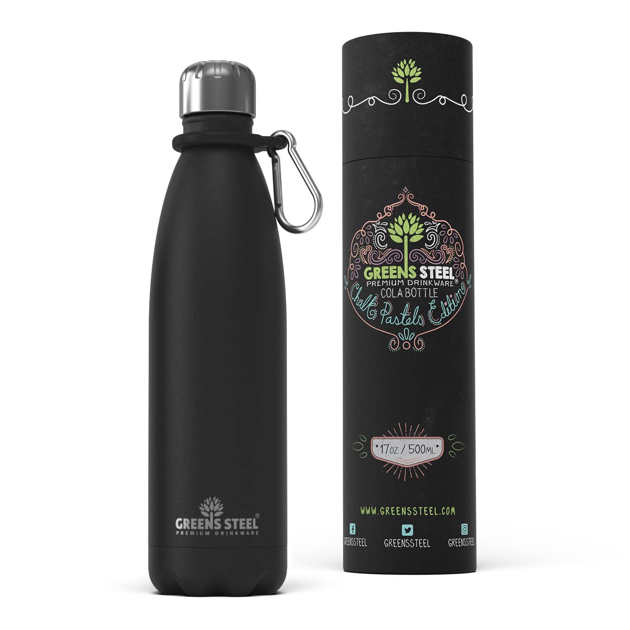 Greens Steel Stainless Steel Water Bottle - 500ml, Black | Double Wall Vacuum Insulated Flask | Carier Holder & Gift Box Included | Reusable, Leak Proof Sports Bottle for Adults & Kids
