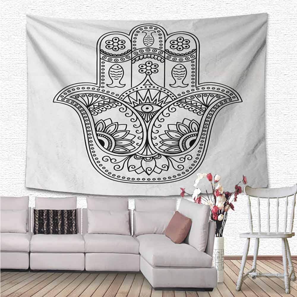 Hamsa Printed Tapestry Wall Hanging, Vintage Icon with Paisley Inspired Details Fishes and Flowers Evil Eye Hand Drawn Tapestries Bedspread Beach Towel, 90"x60", Black White (230cmx150cm)