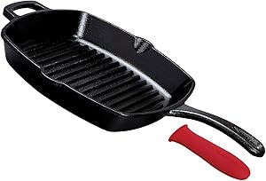 Cast Iron Square Grill Pan - 10.5 Inch Pre-Seasoned Skillet with Handle Cover and Pan Scraper - Grill, Stovetop, Induction Safe - Indoor and Outdoor Use - for Grilling, Frying, Sauteing