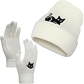 Vansolinne Cat Beanie Hat and Gloves for Women, Winter White Knitted Hat Christmas Accessories Cute Cat Lover Mom Girls Gifts
