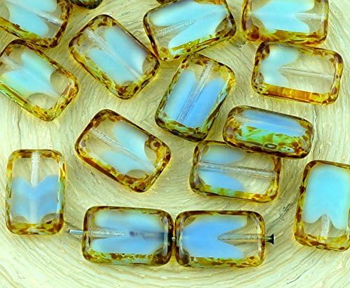 8pcs Picasso Brown Crystal Blue Moonstone Moonlight Opal Striped Table Cut Flat Rectangle Czech Glass Beads 8mm x 12mm
