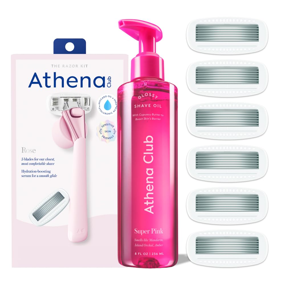 Photo 1 of Athena Club Women's Razor Shave Kit, 1 Rose Razor Handle + 6 Blade Refills + Super Pink Glossy Shave Oil