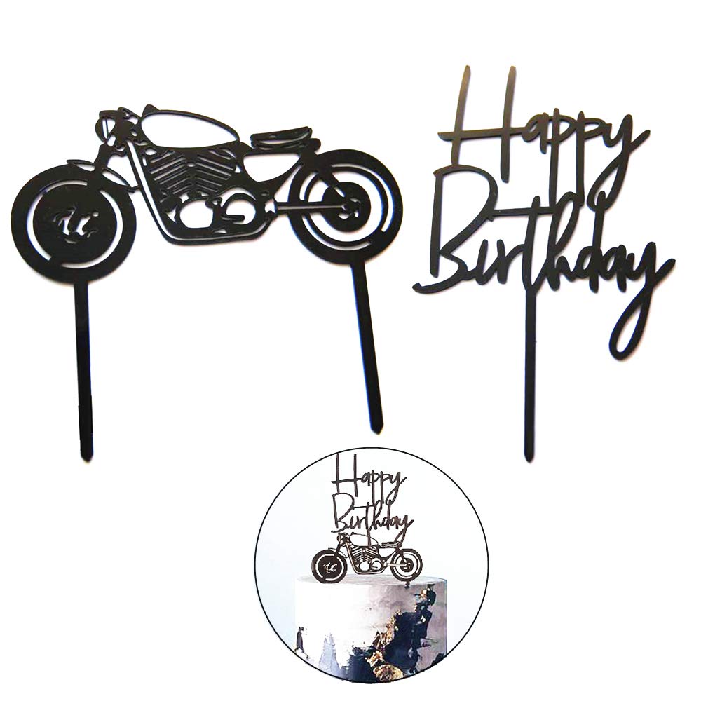 2Pcs Acrylic Black Motorcycle Cake Topper Personalised Cake Placard Decoration Baking Cake Locomotive Style Placard Party Dessert Decoration for Mans Birthday Party or Boys Birthday