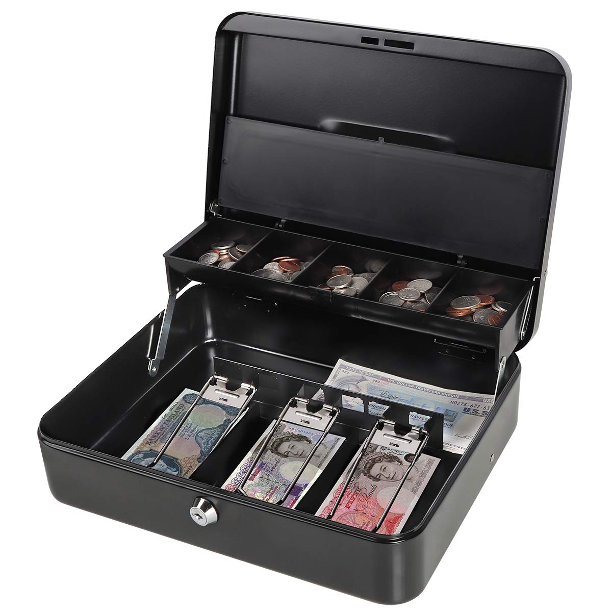 Parrency Large Cash Box with Money Tray, Secure Lock, Cantilever Coin Tray 3 Bills/ 5 Coins (Black)