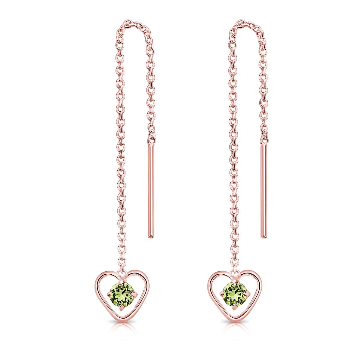 925 Sterling Silver Rose Gold Plated Pull Through Earrings - Drop Chain Earrings & Dangling Crystal Heart - Length 68 mm - Colour : Peridot