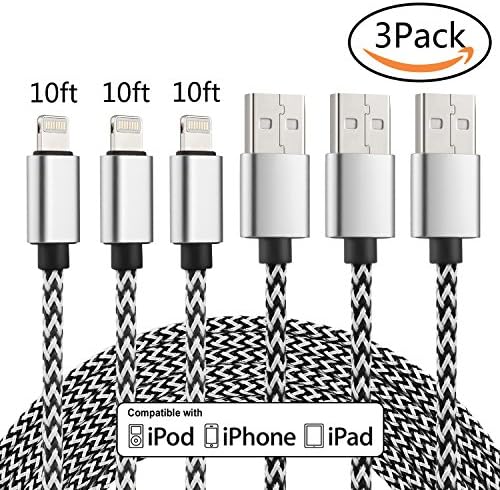 iPhone Charger Cable 10FT 3Pack FOBSUNLAND High speed Lightning Cable Extra Long Compatible with iPhone X 8 8Plus 7 7Plus 6 6plus 6s 6s plus 5 5s 5c SE. iPad iPod and more (10ft 10ft 10ft white)