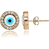 Hoops & Loops 925 Sterling Silver Cubic Zirconia Multi Colored Blue Enamel Evil Eye Hamsa Fatima Stud Earrings for Women Men