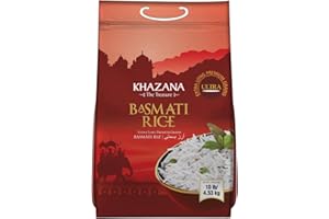 Authentic Extra Long Basmati Rice by Khazana in 10 lb Bag - Aromatic and Flavorful Indian Grain - Non-GMO, Gluten Free, Kosher, Cholesterol Free