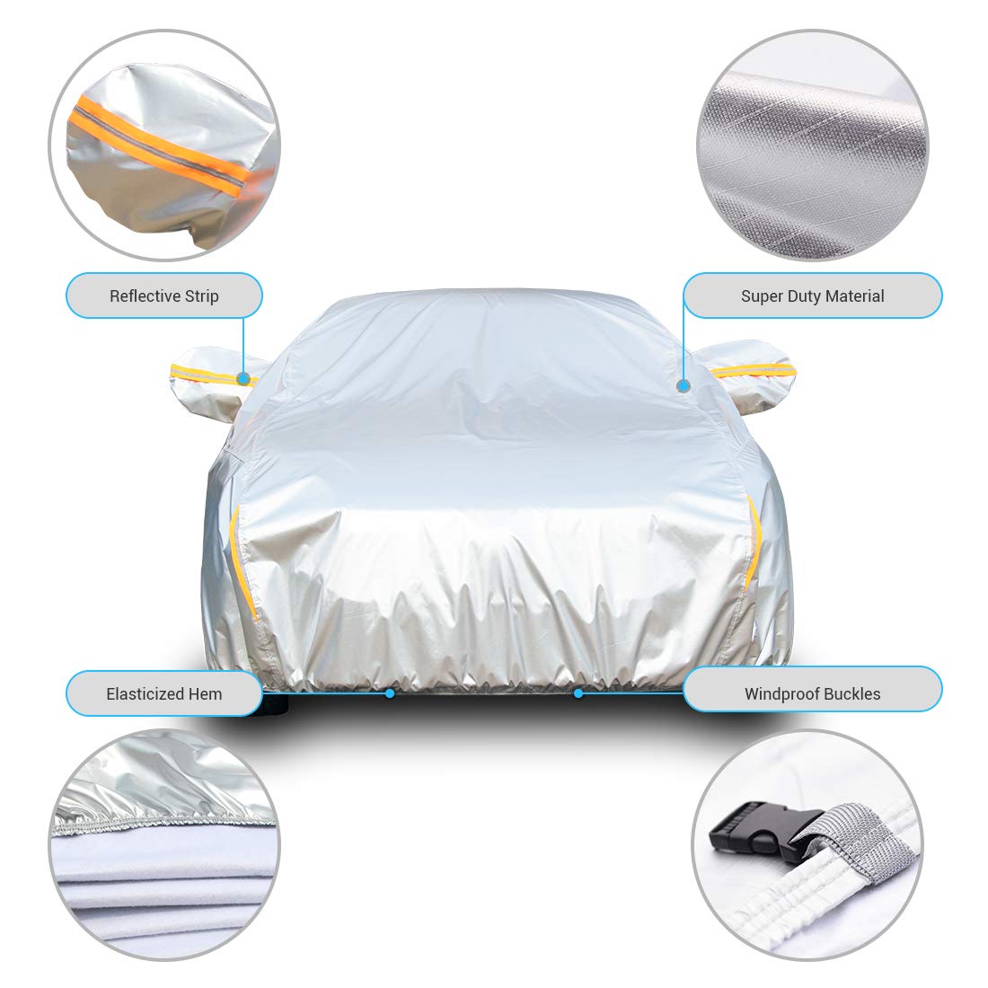 Tecoom All-Weather Car Cover - Super Thick, Waterproof & Windproof, Fits Sedans 170-190 Inches (3-Layer Protection)