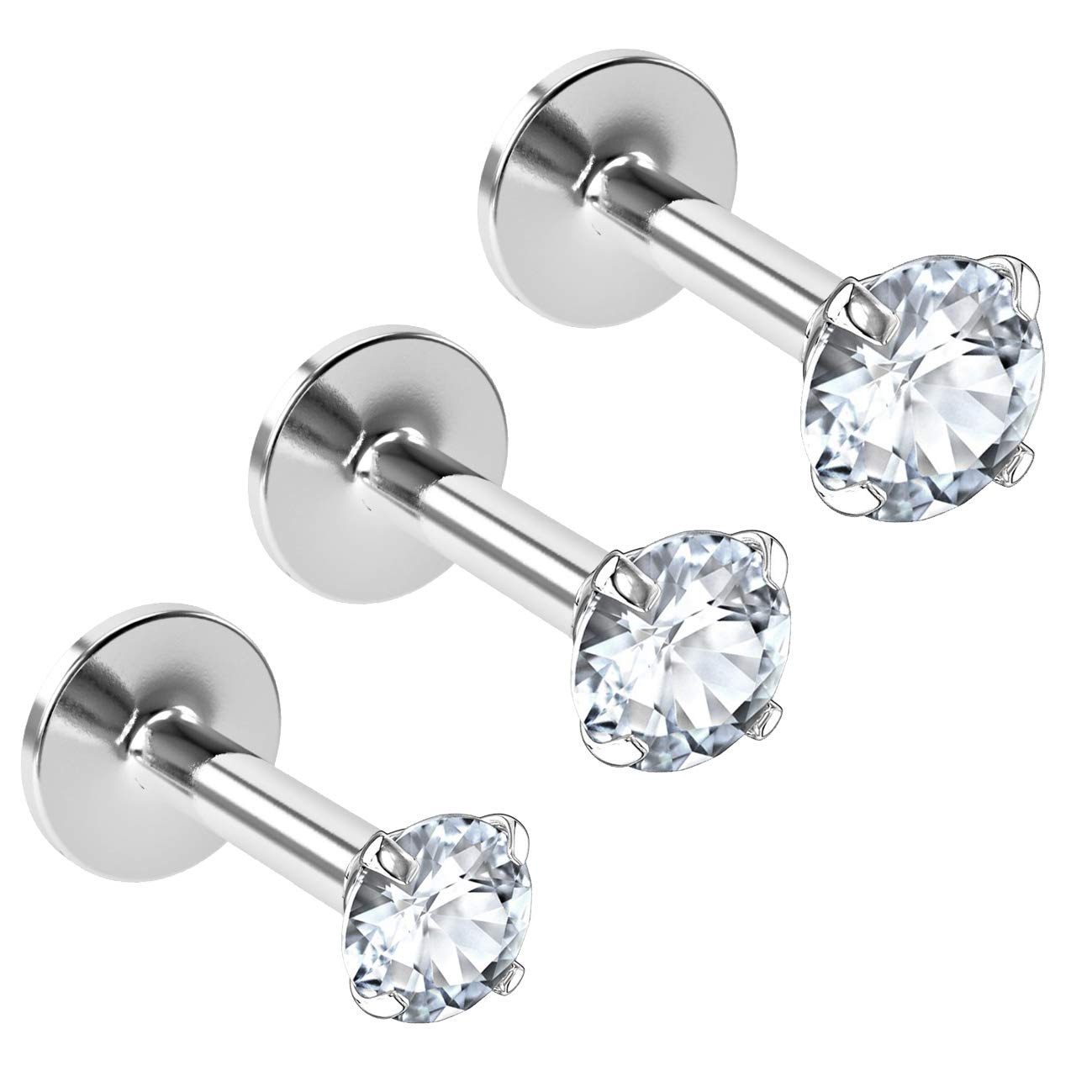 Evonix 3pc Internally Threaded Lip Labret Bar Piercing Studs Surgical Steel 8mm 5/16 Helix Monroe Dahlia Tragus Cartilage Snake Bites 3mm 4mm 5mm CZ Crystals