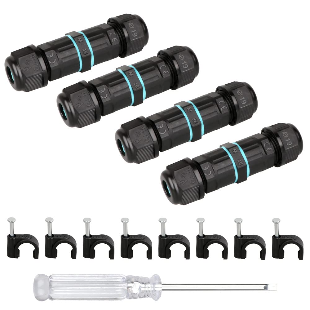 Waterproof Outdoor Cable Connector Zevnico IP68 Cable Connector, 3 Pole Waterproof Connectors for Outside Cables, Inline Electric Wire Connectors 2 Way External Sleeve Coupler Ø 4mm-8mm (Pack of 4)
