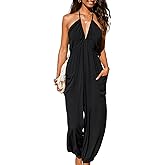 CUPSHE Women's Plunge Halter Sleeveless Pleated Long Romper Knit Jogger Maxi Jumpsuit with Pockets