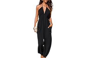 CUPSHE Women's Plunge Halter Sleeveless Pleated Long Romper Knit Jogger Maxi Jumpsuit with Pockets