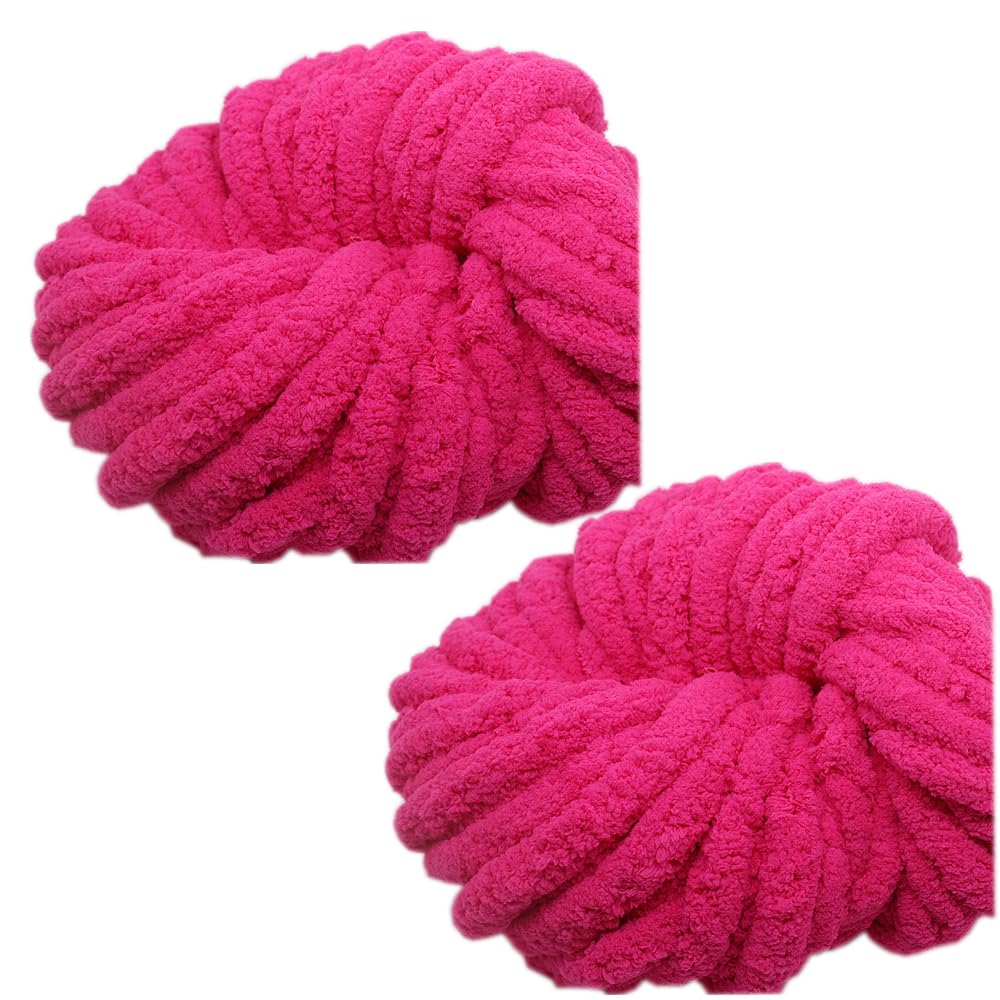 View 1 of 2 Skeins Chunky Chenille Yarn for Blanket, Super Soft Thick Fluffy Jumbo Chunky Chenille-Style Polyester Arm Knit Finger Yarn for Home Décor Projects 500g (Rose Pink)