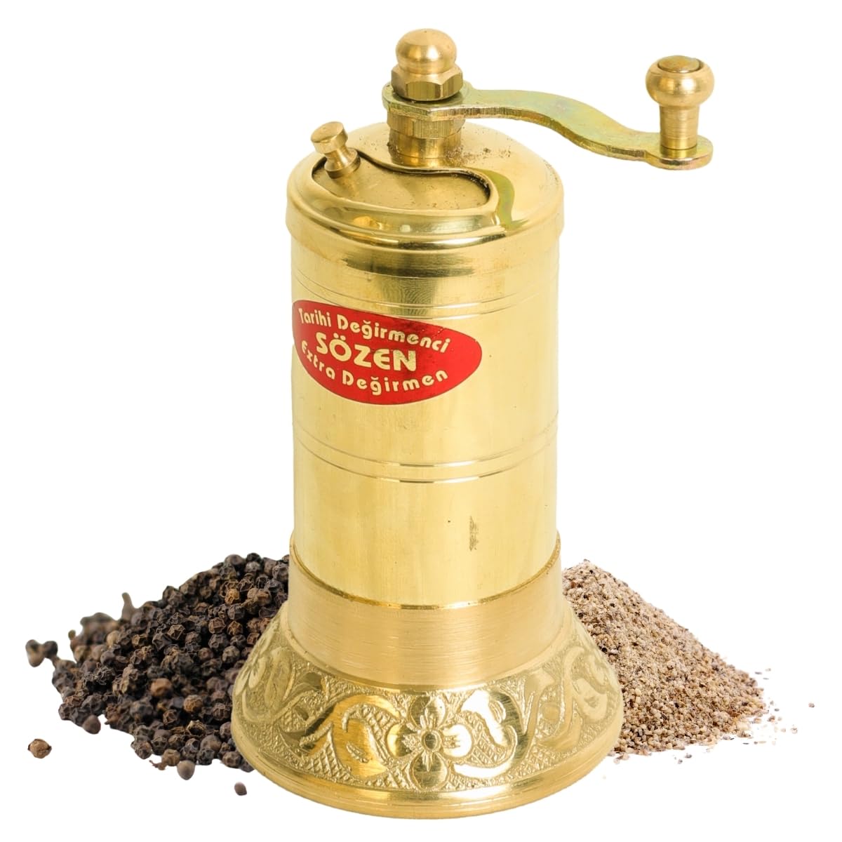 Photo 1 of Sozen 4.3" Manual Pepper Grinder Brass – Handmade Turkish Pepper Mill, Conical Burr Spice Grinder, Portable Hand Crank Mill for Salt, Peppercorns, and Other Spices with Durable Brass Decor