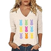 Women Spring Easter Funny Bunny Graphic 3/4 V Neck Shirt Happy Easter Egg Tops Rabbit Family Holiday Tee