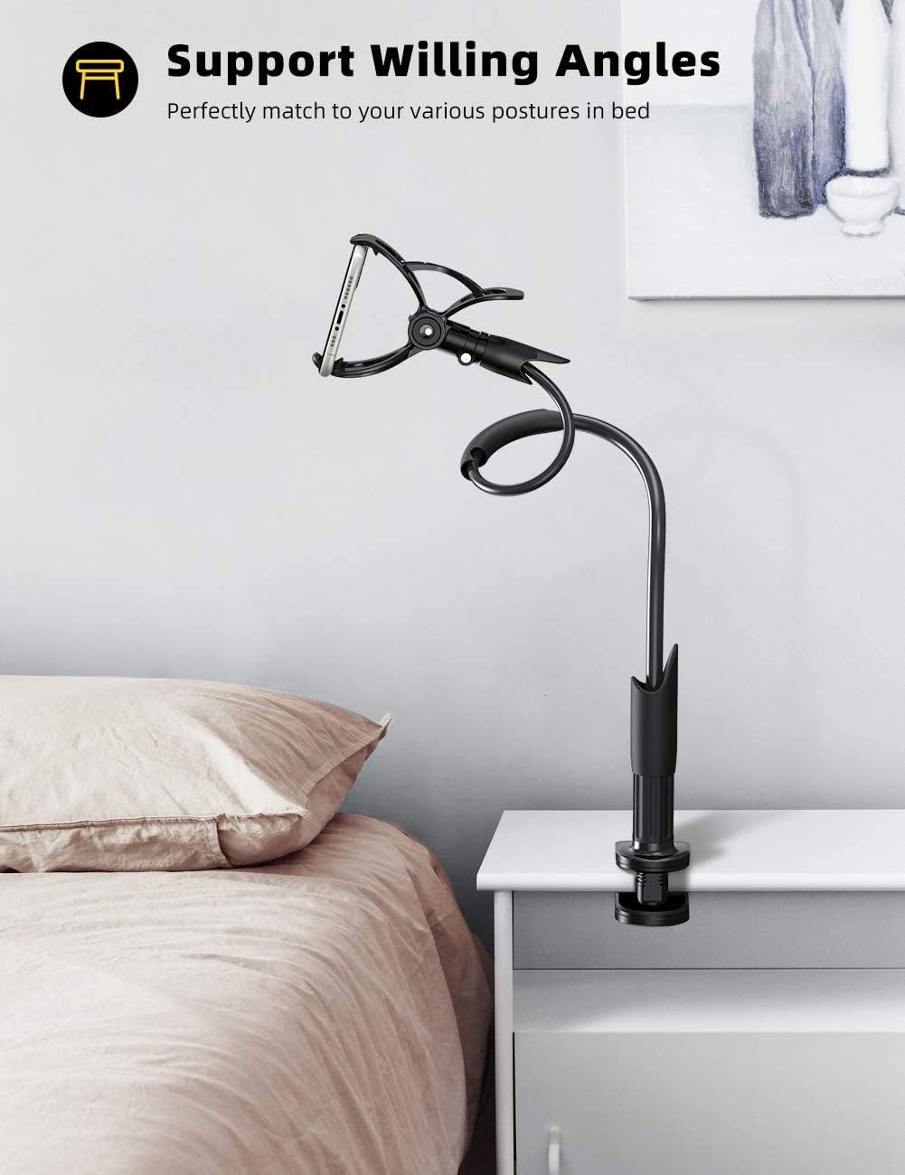 Phone Holder Bed Gooseneck Mount - Lamicall Flexible Arm 360 Mount Clip Bracket Clamp Stand for Cell Phone XS Max XR X 8 7 6 Plus 5 4, S10 S9 S8 S7 S6, Overall Length 33.4In(Black)