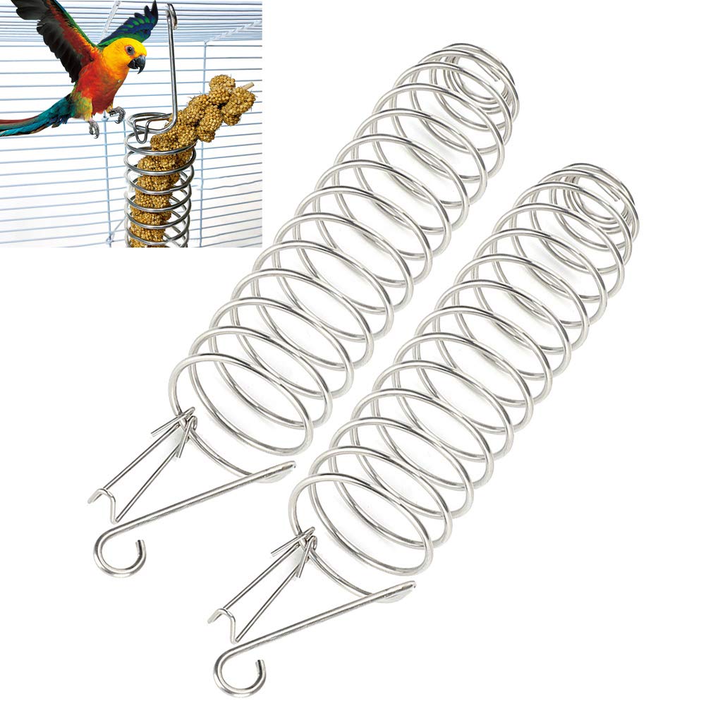 2Pcs Bird Food Basket Stainless Steel Bird Feeder Parrot Fruit Vegetables Millet Wheat Ear Holder for Budgie Parakeet Cockatiel Conure African Grey