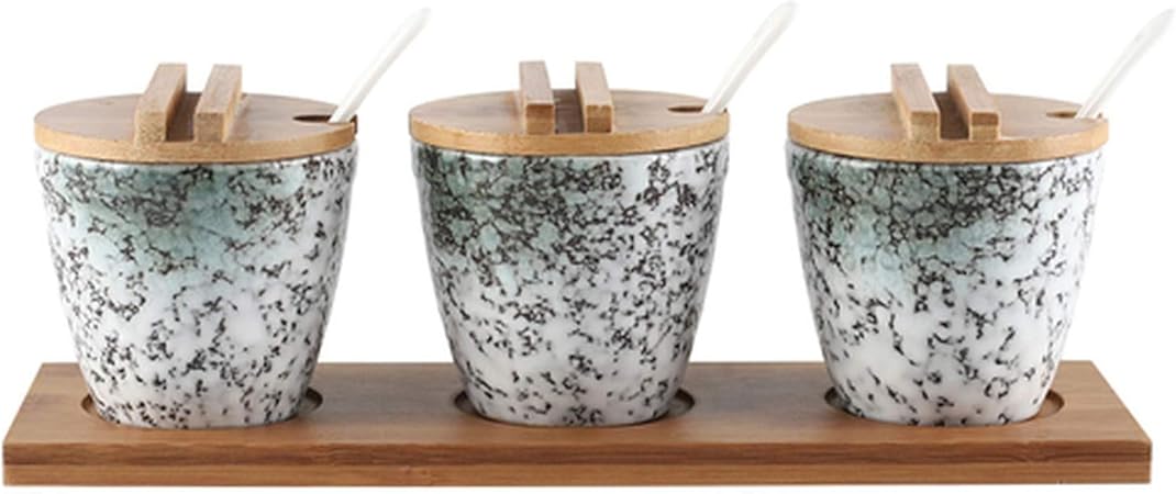 Juego de 3 botes de madera de bambú y cerámica para condimentos, salsas