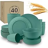 Wrova 40Pack plates and bowls sets for kids - Unbreakable wheat straw dinnerware sets service for 8 - Alternative plastic 40pcs dish sets for kitchen, camping and indoors dinning - (Green)