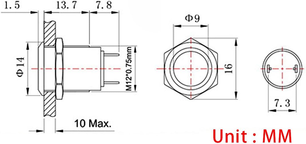 Larcele 12mm Mini Push Button Switch Waterproof Momentary Metal DIY Switch 5 Pieces JSANKG-01 (Flat Head) - Image 3