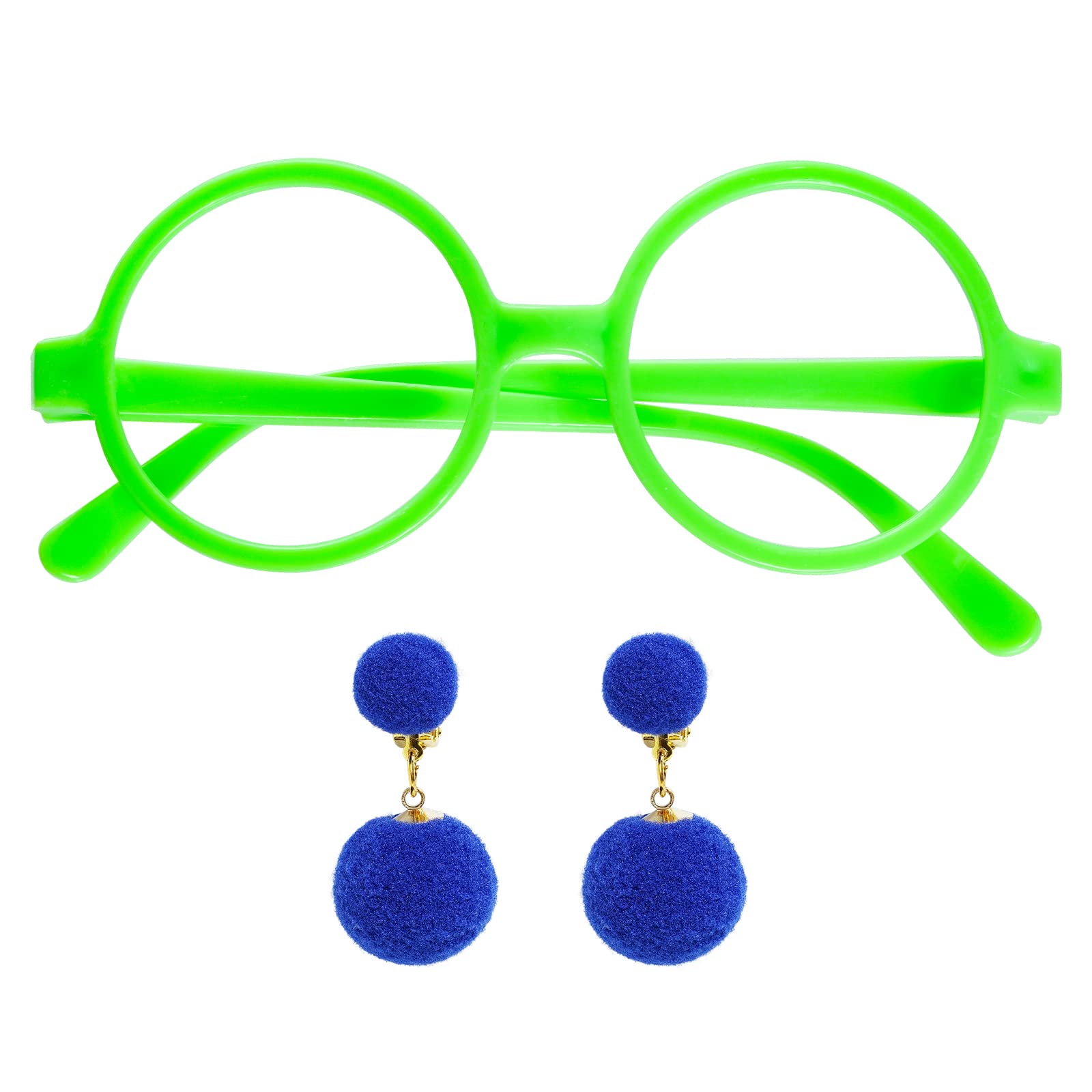 jerbro Round Green Glasses Princess Costume Set Wizard Glasses + Earrings for Women Girls Halloween Cosplay Dress Up Party Favors