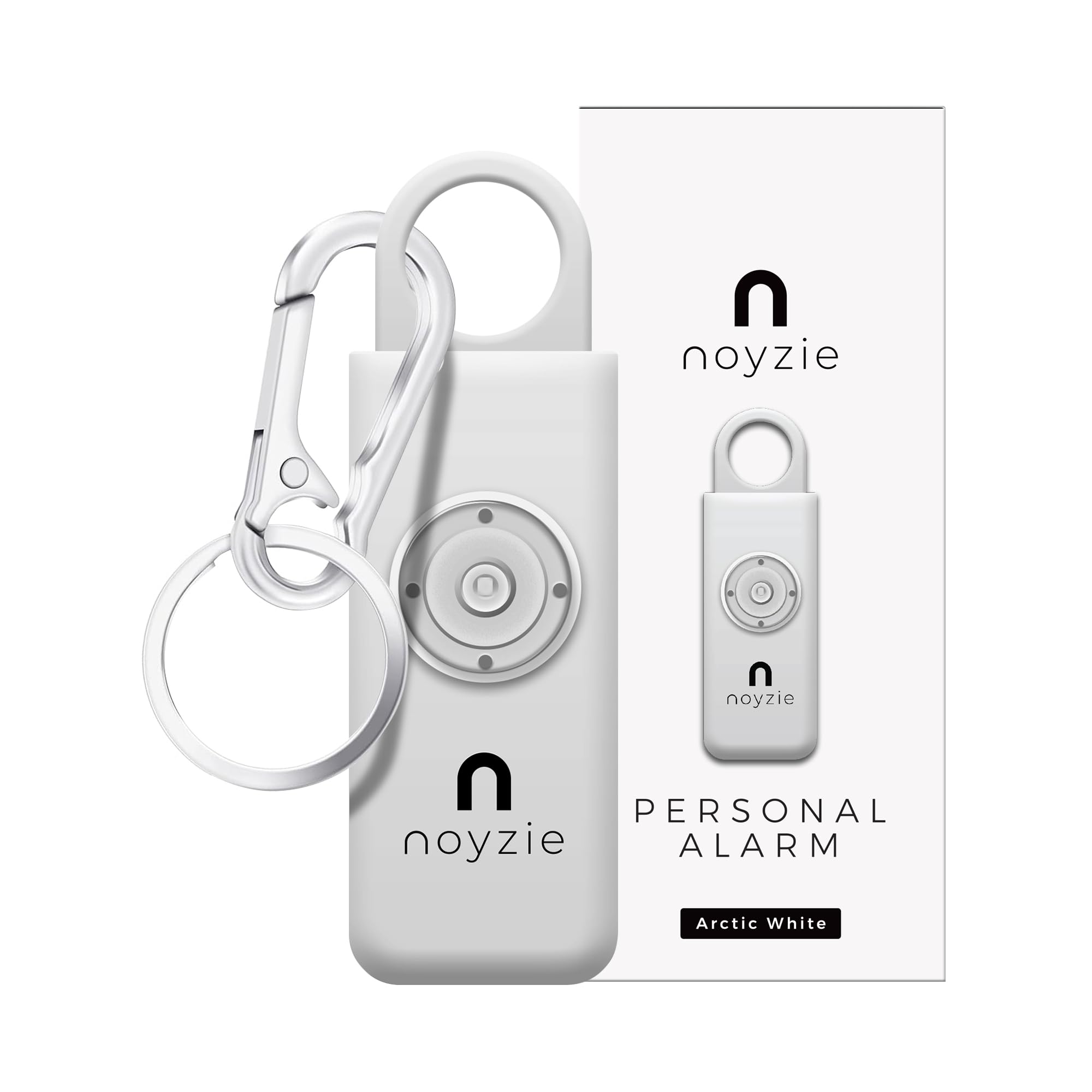 Personal Alarm NOYZIE Personal Safety Alarm with LOUD 125db Siren and 200-Lumen Strobing LED Light - Self Defence Rope Alarm Keyring Keychain for Women, Men, Elderly & Dog Walkers (White)