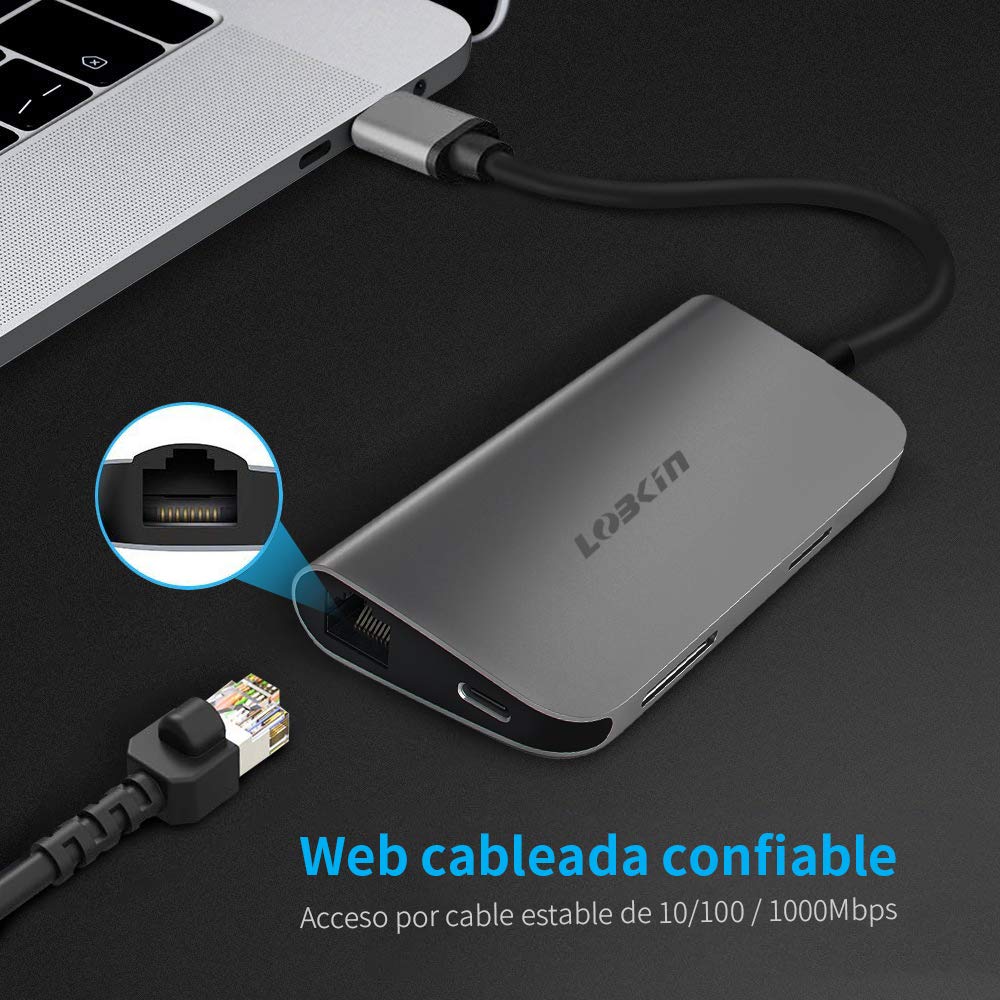 LOBKIN Hub USB-C 8 en 1 con Carga PD, Fabricado en Aluminio, Puerto ethernet, Salida HDMI 4K, 4 USB 3.0, Ranura SD y Micro SD, Puerto de Carga Tipo C