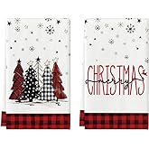 Artoid Mode Black Red Merry Christmas Kitchen Towels Dish Towels, 18x26 Inch Buffalo Plaid Winter Xmas Trees Star Decoration Hand Towels Set of 2