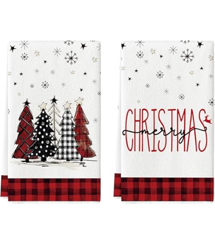AnyDesign Pink Christmas Kitchen Towels – 2 Pack Plaid Xmas Tree Dish Towels 18 X 28 Inches