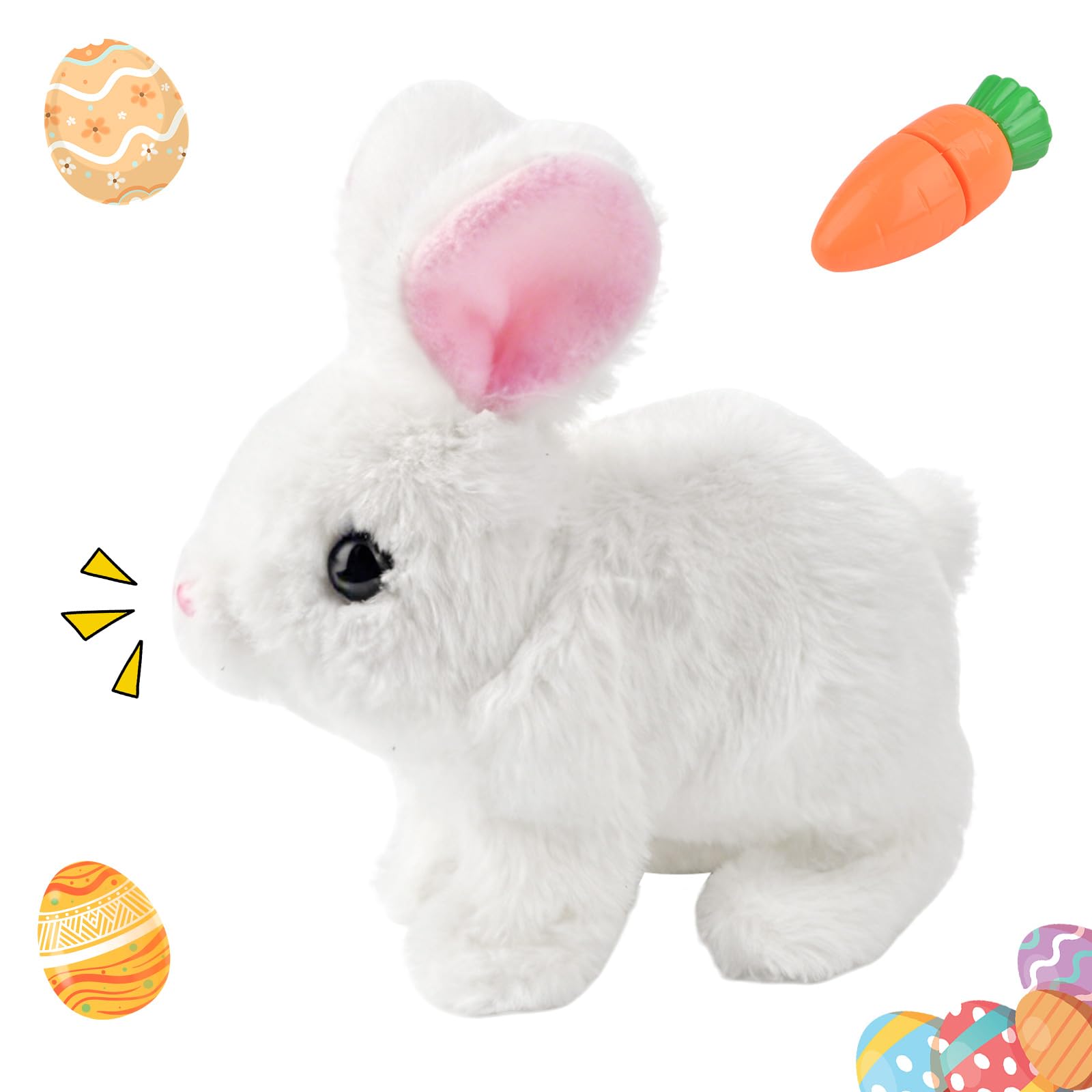 Easter Bunny Toy, Easter Soft Toys Gifts for Kids, Interactive Easters Rabbit Toys with Carrot, Easters Plush Gifts Decor, Cute Bunny Toy with Sounds and Movements for Eastered Birthday Gifts (White)
