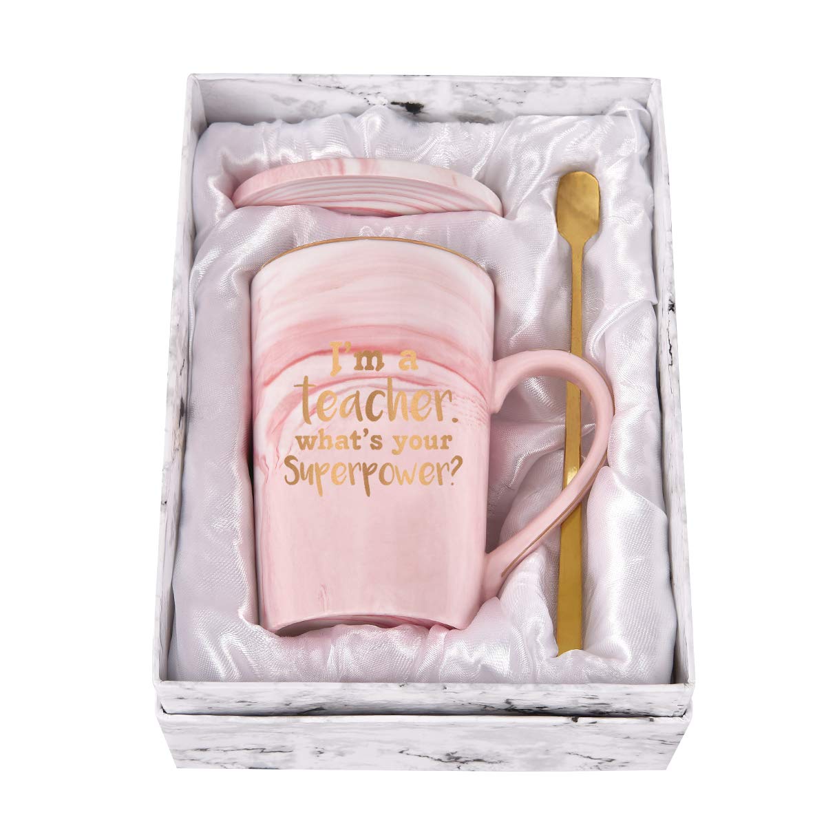 Teacher Mugs for Women - I'm a Teacher, What's Your Superpower - Teacher Appreciation Mugs - Teacher Coffee Mug - Teachers Day Mug - 14Oz Pink Marble Mug with Exquisite Box Spoon