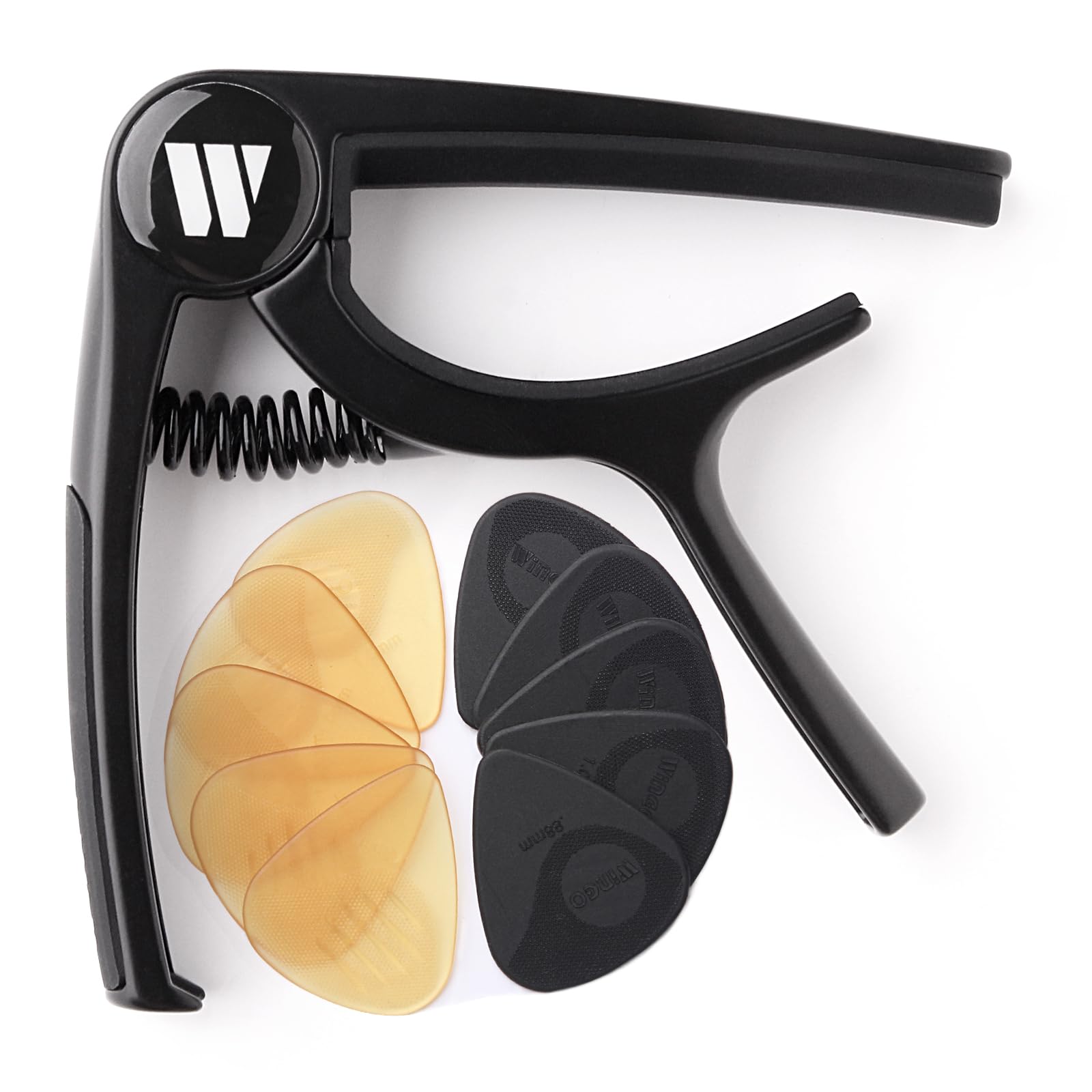 WINGO Guitar Capo for Acoustic and Electric Guitars, Ukulele, Mandolin, Banjo - Black with 10 Non-slip Picks.