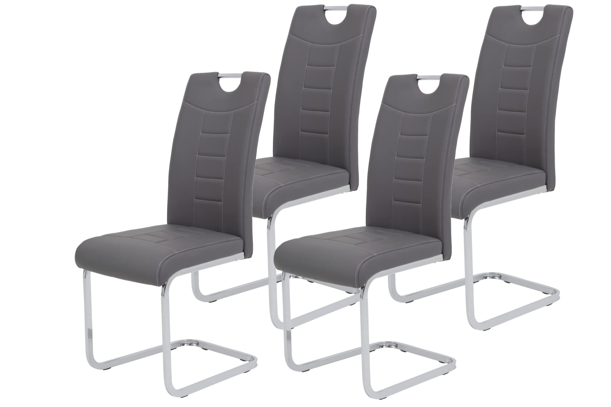 Hela Tische, 4er Set Schwingstuhl Küchenstuhl Ruby, Kunstleder Grau, Griffmulde, Metallgestell + Griff Chrom, 140kg belastbar