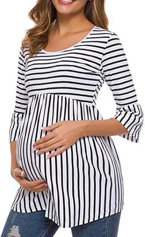 Women's Striped Peplum Maternity Tops Short 3/4 Ruffle Bell Sleeve