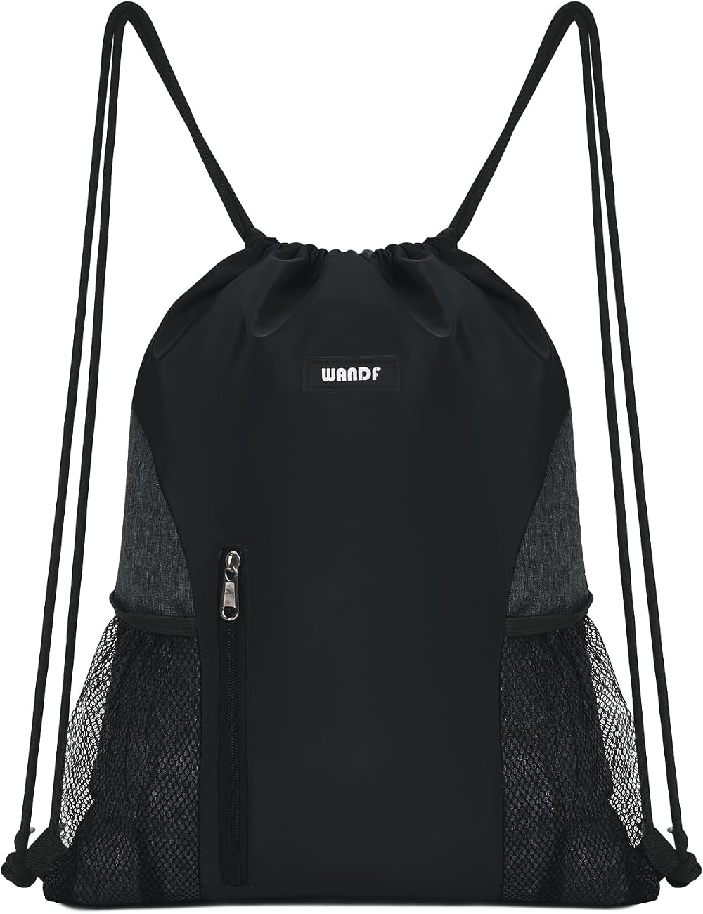 WANDF Drawstring Backpack Sports Gym Sackpack with Mesh Pockets Black